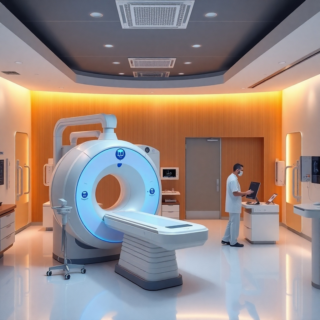 A photorealistic image of a modern diagnostic scan center featuring various imaging machines like ultrasound and MRI. The environment should look professional and clean, with healthcare professionals attending to patients in a bright, welcoming atmosphere.