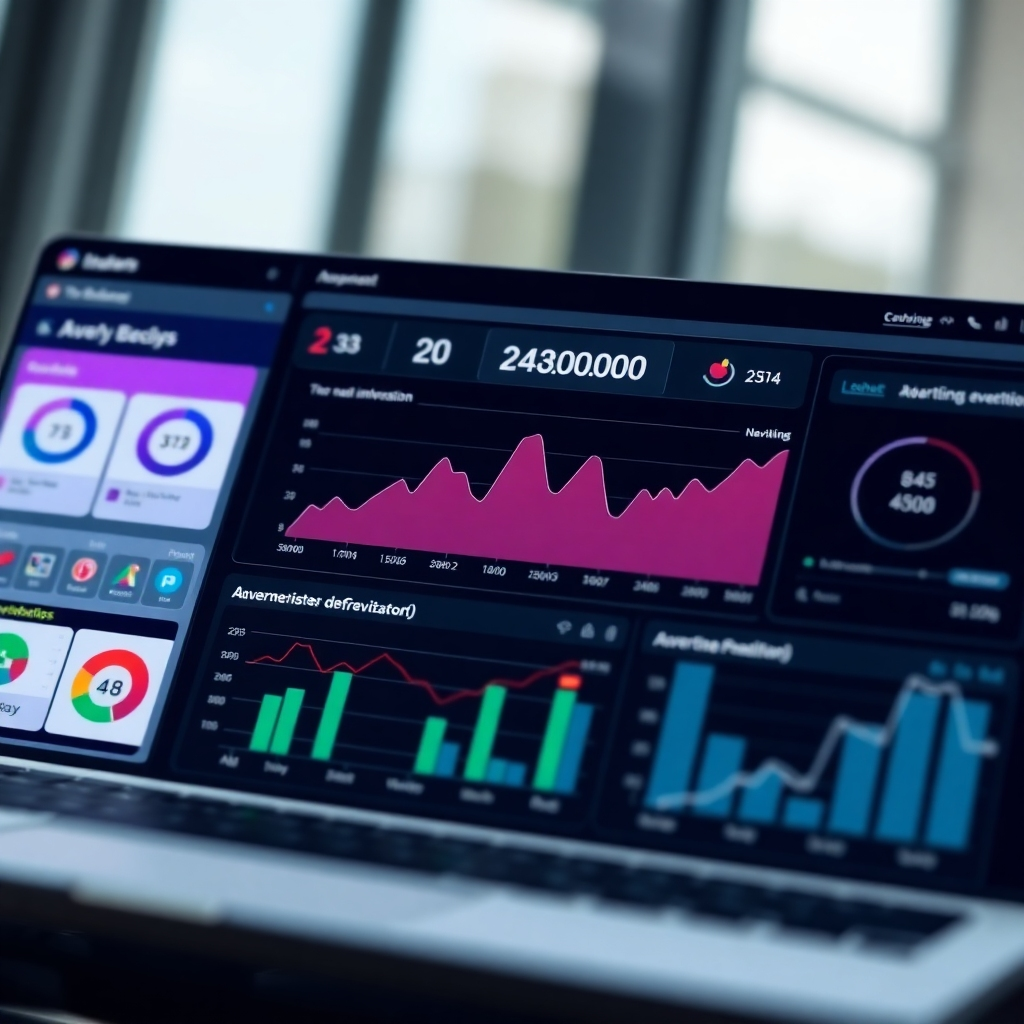 A photorealistic image of a sleek, modern dashboard displaying real-time data from multiple advertising platforms. The dashboard features clear and intuitive visualizations of key performance metrics, such as impressions, clicks, and conversions. The design is clean and minimalist, with a focus on usability and accessibility. The lighting is soft and diffused, reducing glare and eye strain. The camera angle is a close-up shot of the dashboard, highlighting the key data points and features. Style: Modern, UI/UX focused. Technical specs: 4K resolution, high quality.