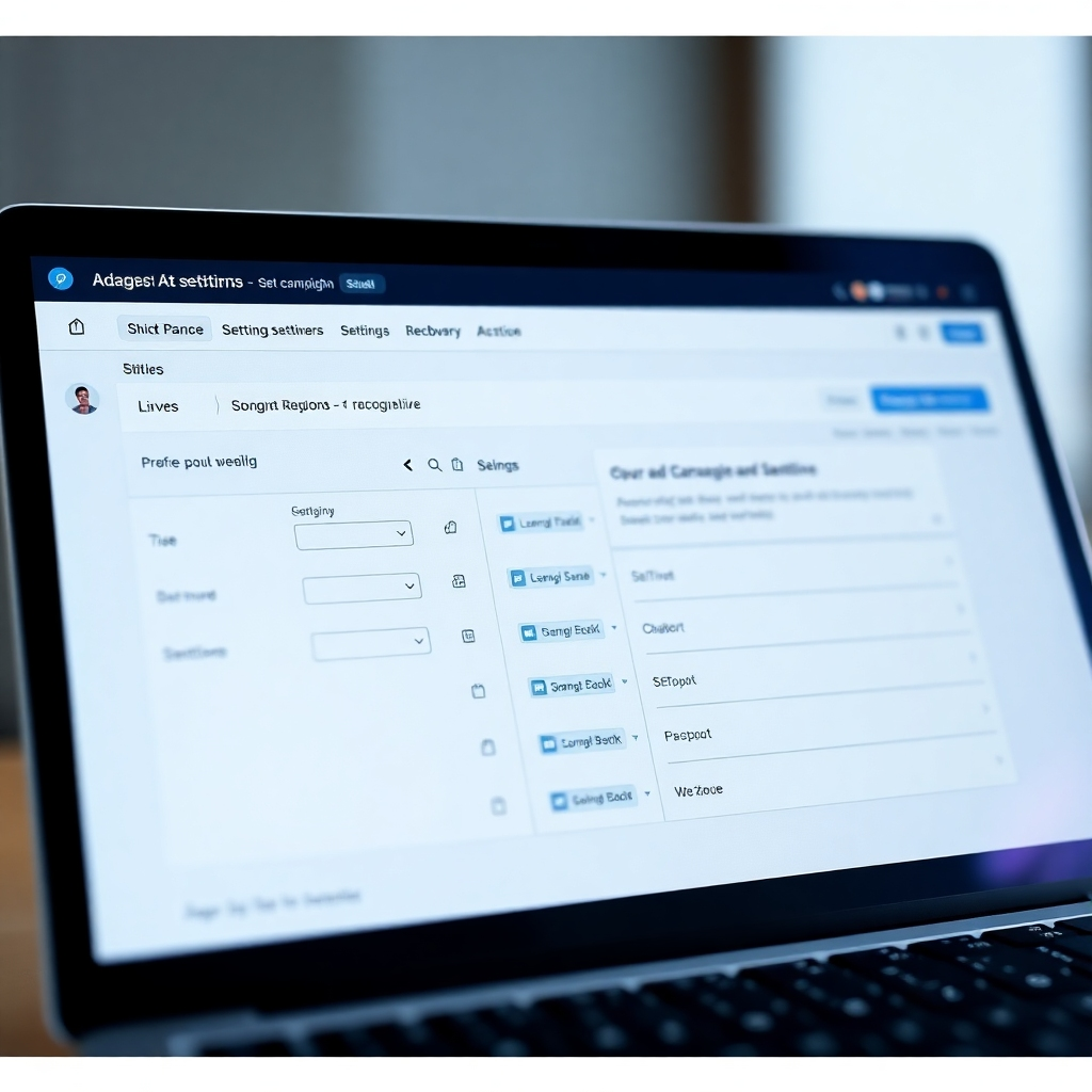 A photorealistic image of a user-friendly interface displaying ad campaign settings and data. The interface is clean and modern, with a focus on usability and accessibility. The layout is intuitive and easy to navigate, even for novice users. The lighting is soft and diffused, reducing glare and eye strain. The camera angle is a close-up shot of the interface, highlighting the key features and functionalities. Style: Modern, UI/UX focused. Technical specs: 4K resolution, high quality.