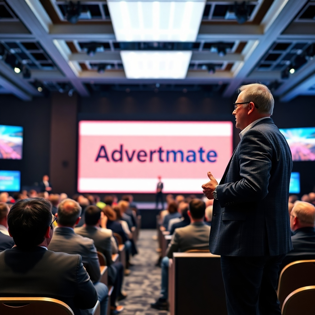 A photorealistic image of a well-respected industry expert giving a presentation about Advertmate at a conference. The expert is standing on a stage, addressing a large audience with confidence and enthusiasm. The setting is a modern conference center, with professional lighting and audio-visual equipment. The camera angle is a medium shot, capturing the expert and the audience. Style: Professional, authoritative. Technical specs: 4K resolution, high quality.