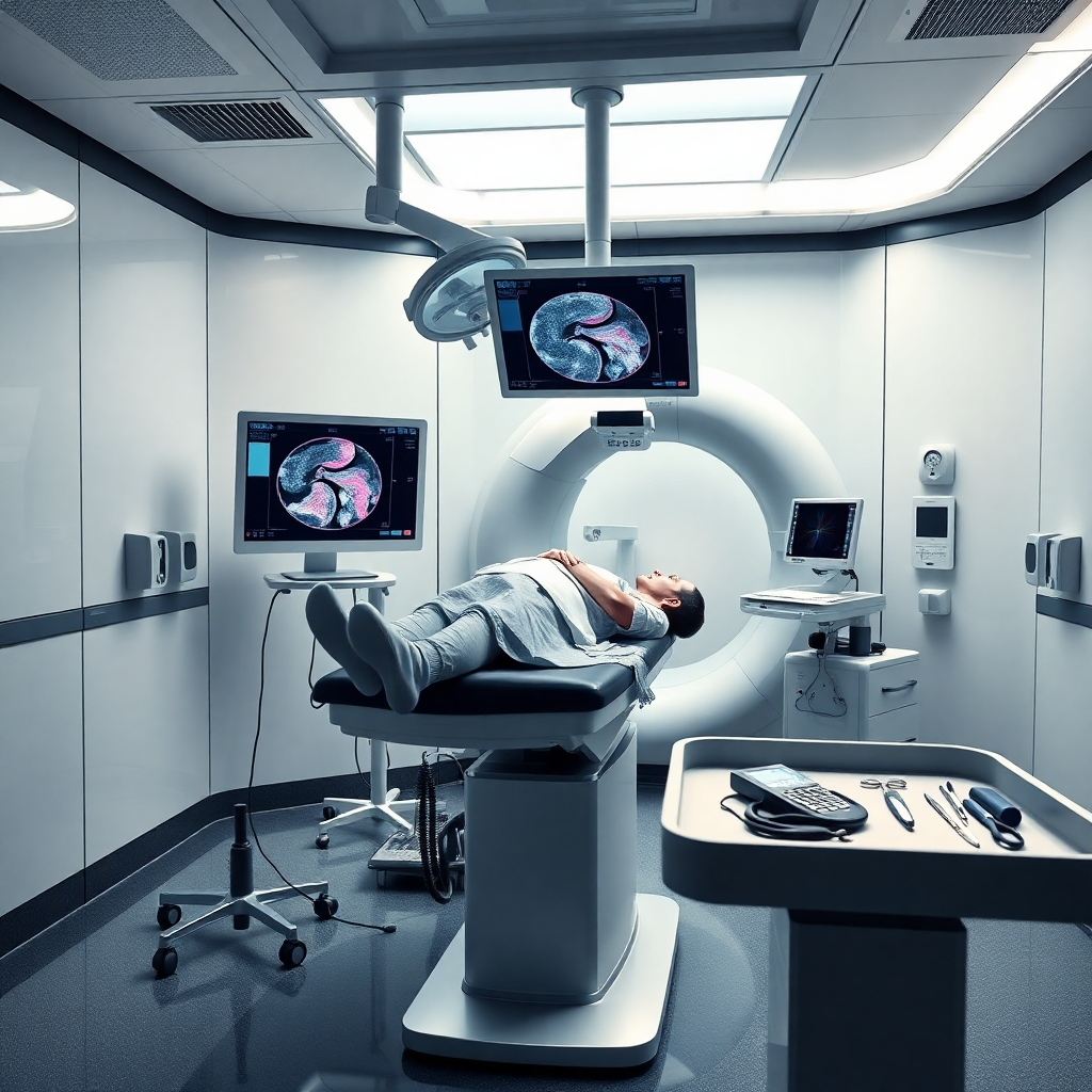 A photorealistic image of an interventional radiology suite, showcasing a patient on the procedure table with a physician performing a guided biopsy using imaging technology, with monitors displaying real-time images, sterile environment, and medical instruments organized on a nearby tray.