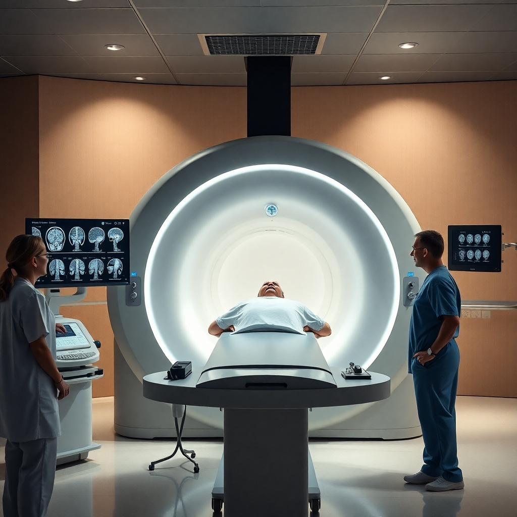 A photorealistic image of an MRI machine in a medical imaging room, with a patient positioned inside the machine, a detailed view of the MRI console displaying brain scans on the screen, surrounded by medical staff in scrubs discussing the results, with soft, neutral colors in the room.