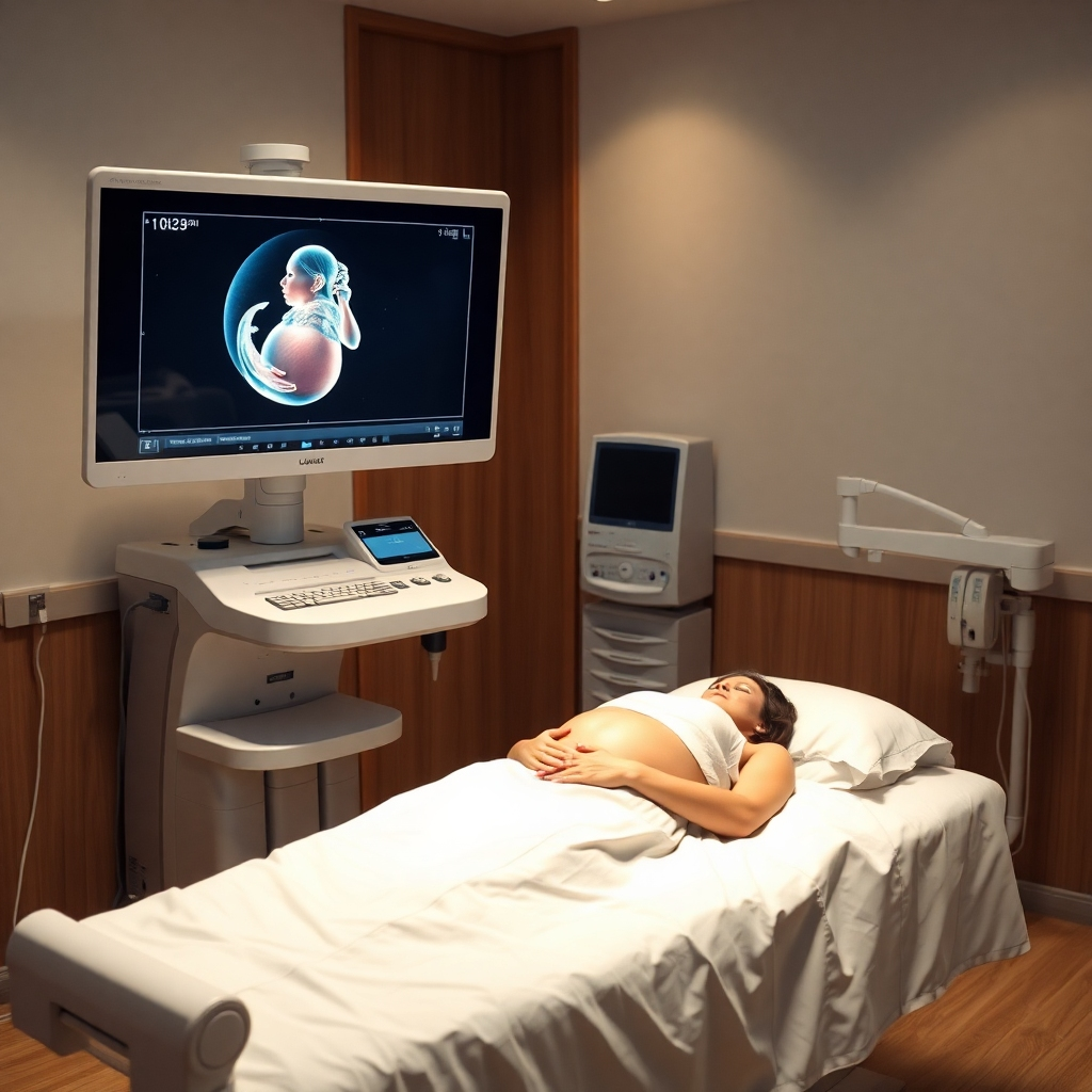 A photorealistic image of an ultrasound room featuring a modern ultrasound machine, a patient lying on the examination table, a technician operating the machine, and the monitor displaying a clear image of a developing fetus inside the mother's womb, with soft lighting and a calming atmosphere.