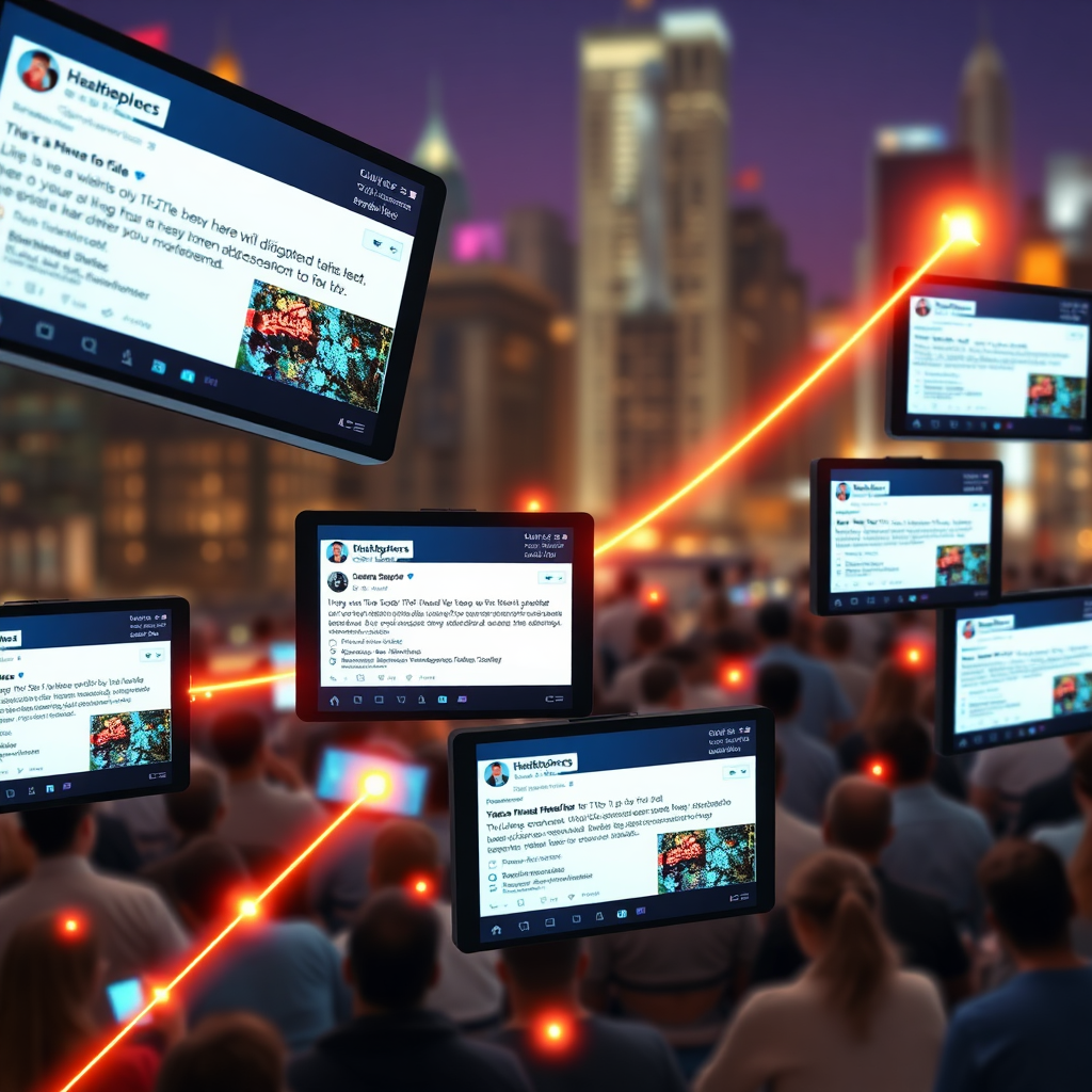 A photorealistic representation of multiple screens displaying social media posts with high levels of likes, comments, and shares, all interconnected by glowing lines. The background should be a blurred cityscape, signifying a broad, interconnected audience. The color scheme is vibrant and energetic. The camera angle is slightly tilted upward, showcasing growth. This image should convey dynamic and engaged social media interactions.