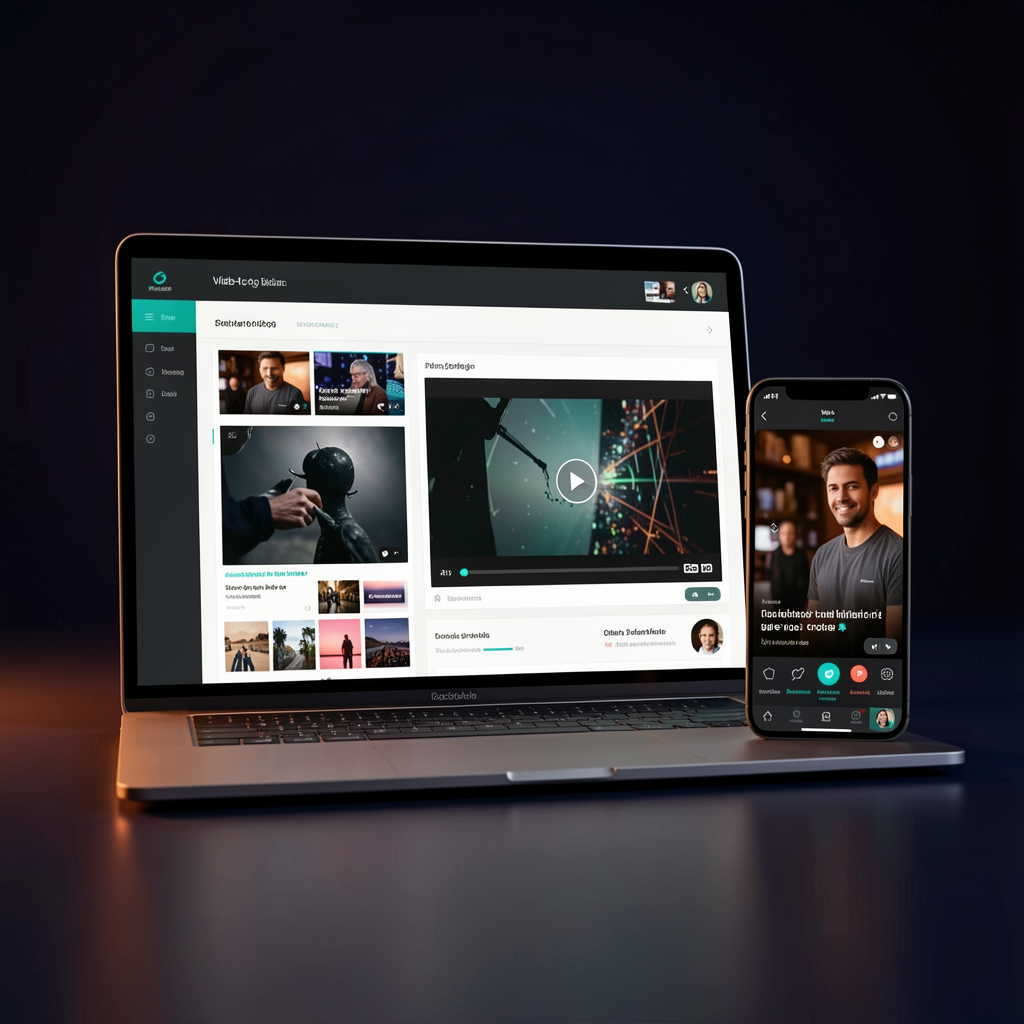 Laptop and phone displaying video creation layouts