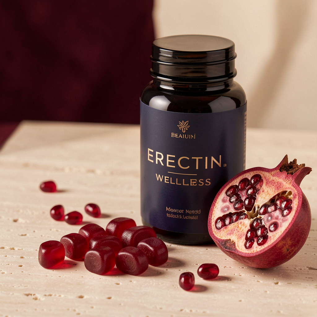 Pomegranate-flavored gummies beside an Erectin bottle