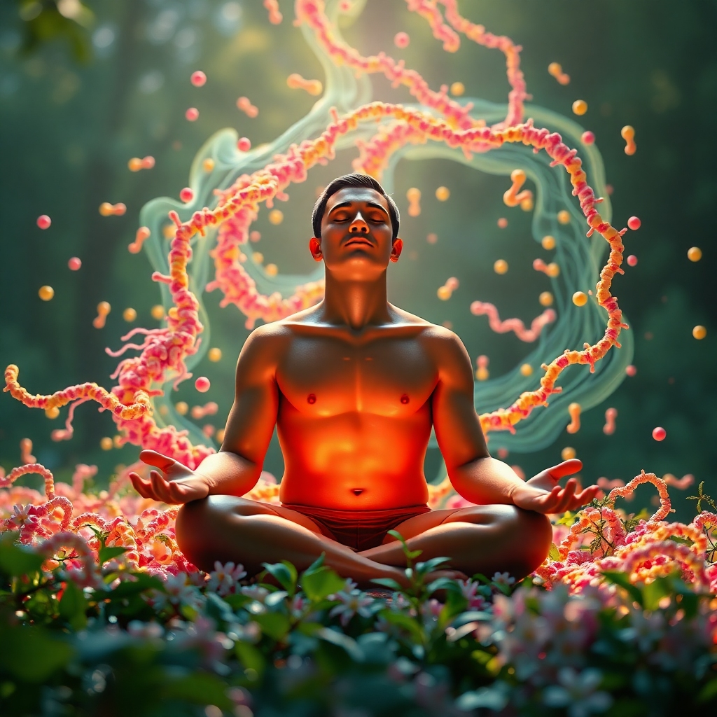 A serene image illustrating the connection between gut health and mental wellness, featuring a peaceful person meditating surrounded by swirling colorful probiotics. Include natural elements like greenery and soft light to evoke a calming atmosphere.