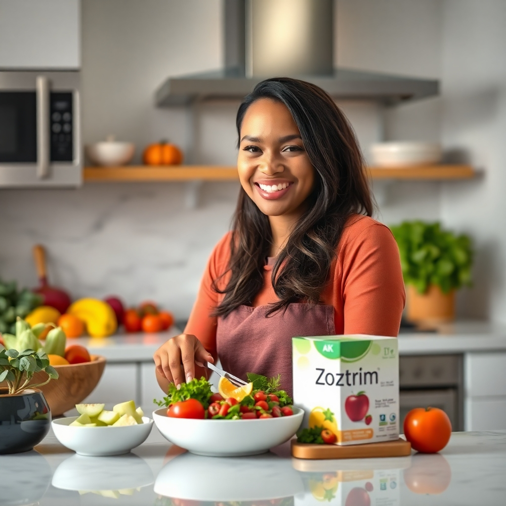 A serene kitchen setting featuring a smiling individual preparing a healthy meal. The background shows fresh vegetables and fruits, conveying a sense of wholesome cooking. The person appears relaxed and in control, holding a Zotrim box on the counter.