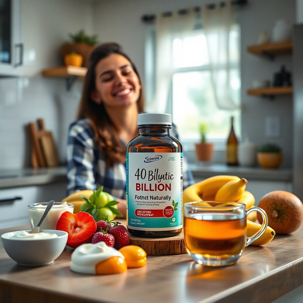 A serene kitchen setting featuring a bottle of Probiotic 40 Billion Naturally, surrounded by light snacks like yogurt, fruits, and herbal tea, with a person smiling and relaxed, symbolizing comfort and effective digestive support.