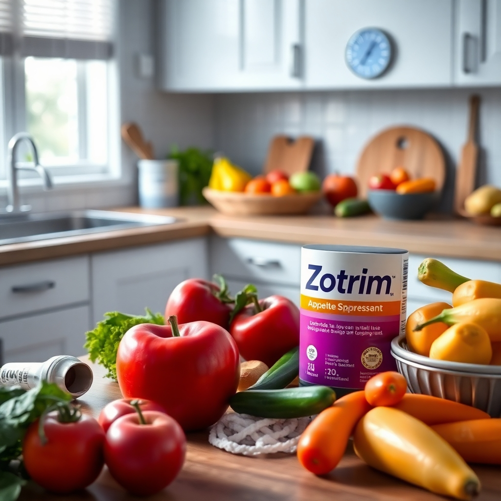 A serene kitchen setting with healthy foods prominently displayed, such as fruits and vegetables, alongside a bottle of Zotrim appetite suppressant. Emphasize a calm atmosphere, with soft lighting and a scale indicating weight loss progress.
