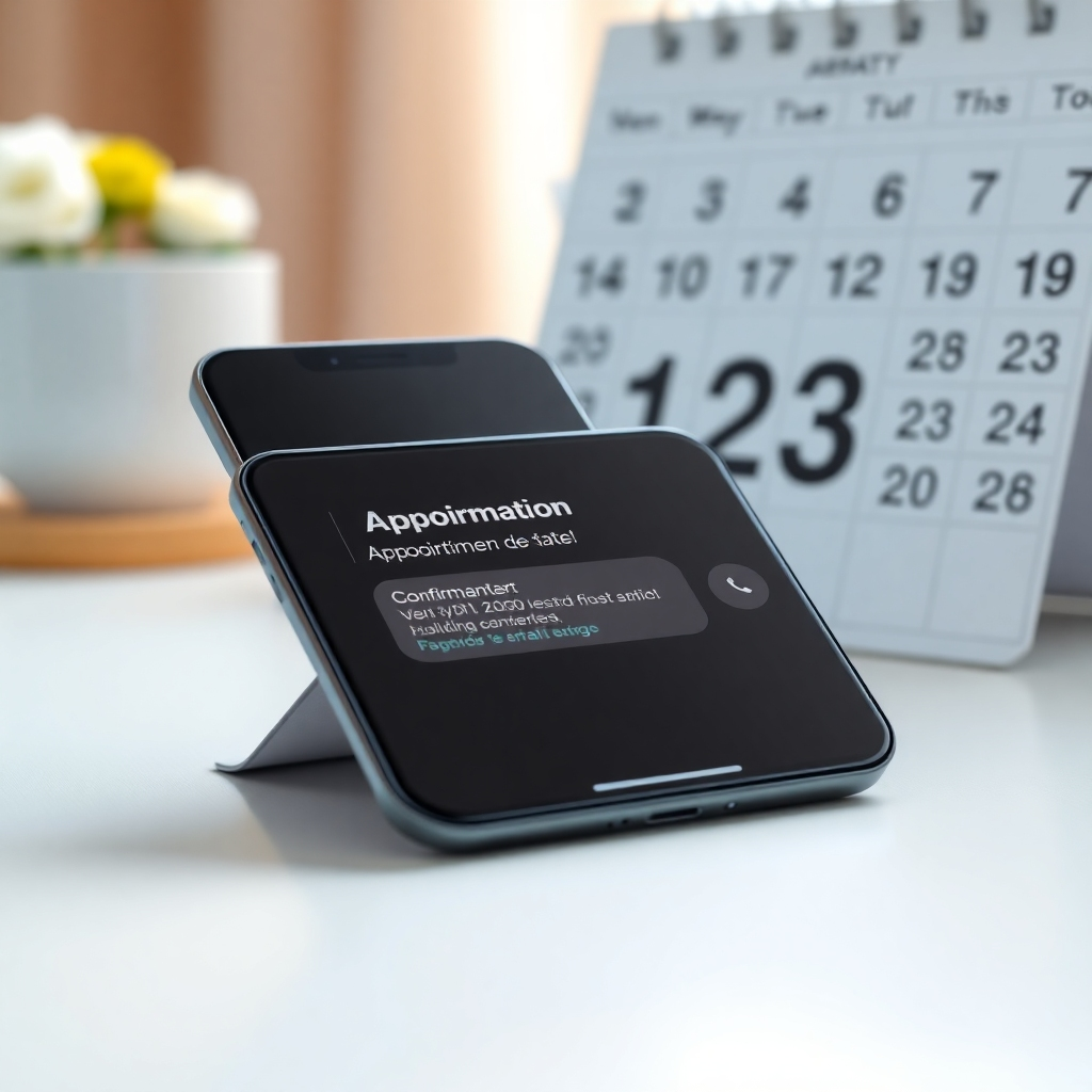 A smartphone displaying a confirmation text message with appointment details, placed next to a calendar marked with the appointment date. The scene is bright and cheerful, conveying a sense of relief and happiness for the patient.