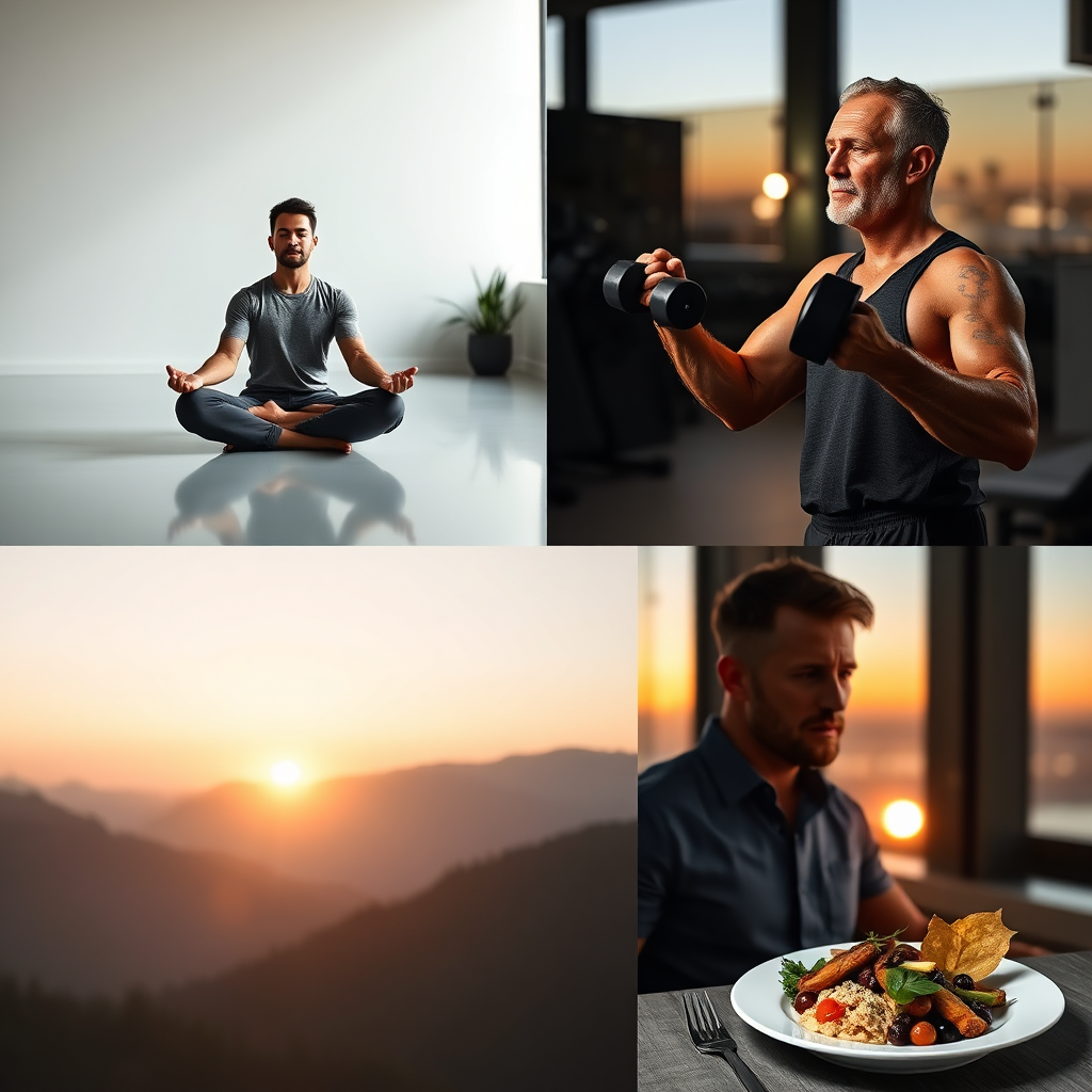Collage of healthy lifestyle activities for men
