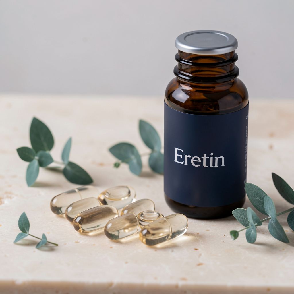 Liquid gel capsules beside an Erectin bottle