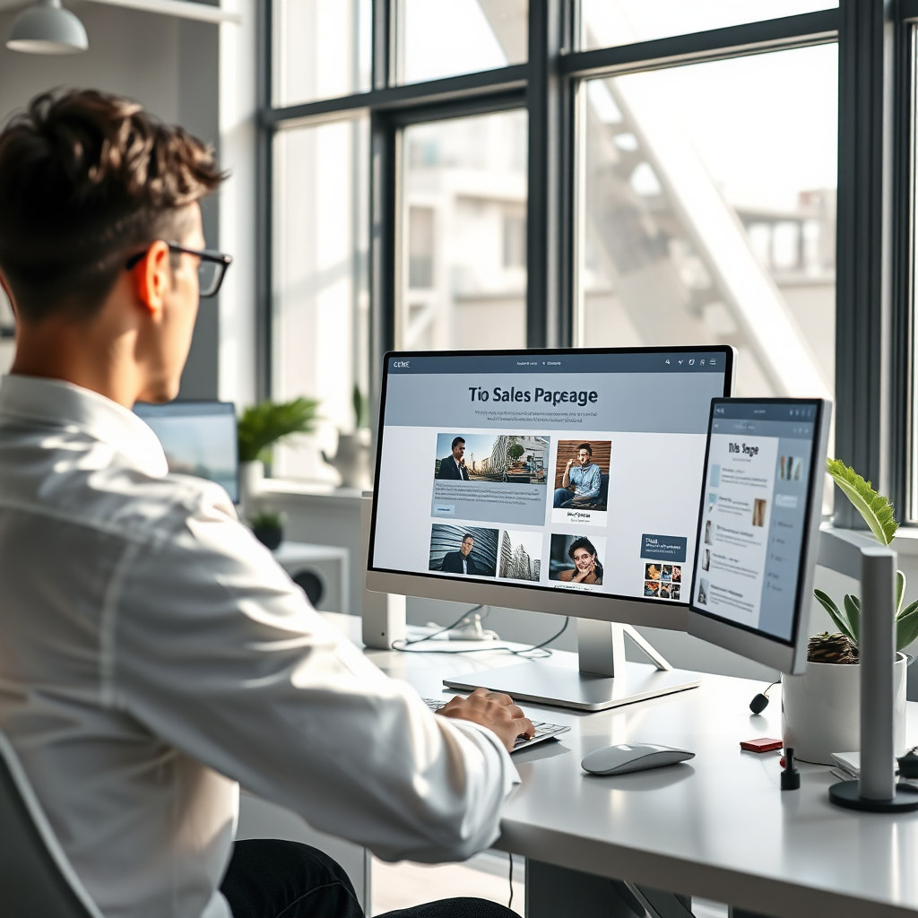 A sophisticated visual showing a designer at work, creating a sales page on a high-tech computer with multiple screens. The office environment is sleek, with a creative flair and a color palette that includes whites and blues. Light streams in through large windows, inspiring creativity.