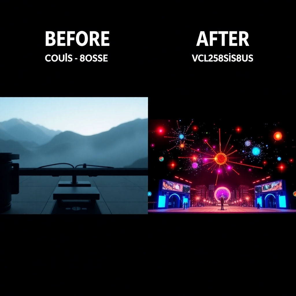 A split-screen image showing before and after video course clips. The left side displays a basic video setup, while the right side showcases a polished, vibrant video with professional effects and animations, emphasizing the quality difference.