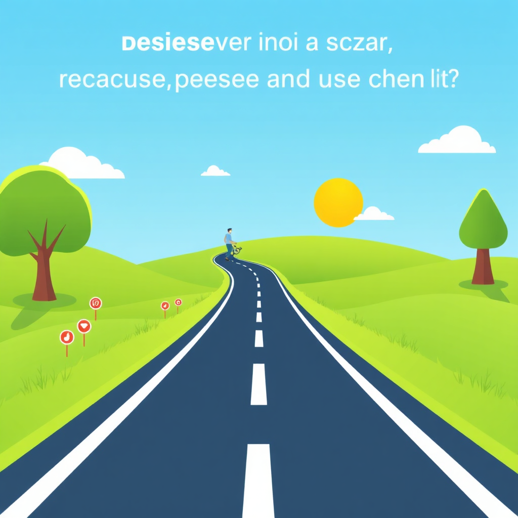 A stylized illustration of a winding road leading to a clear and open destination, representing the ease of use provided by BuzzAgentsAI. The road is lined with social media icons, and the destination is a bright, sunny landscape. The color palette is vibrant and cheerful, with a focus on greens and blues. Camera angle: low angle, looking towards the destination. The image should convey simplicity and accessibility.