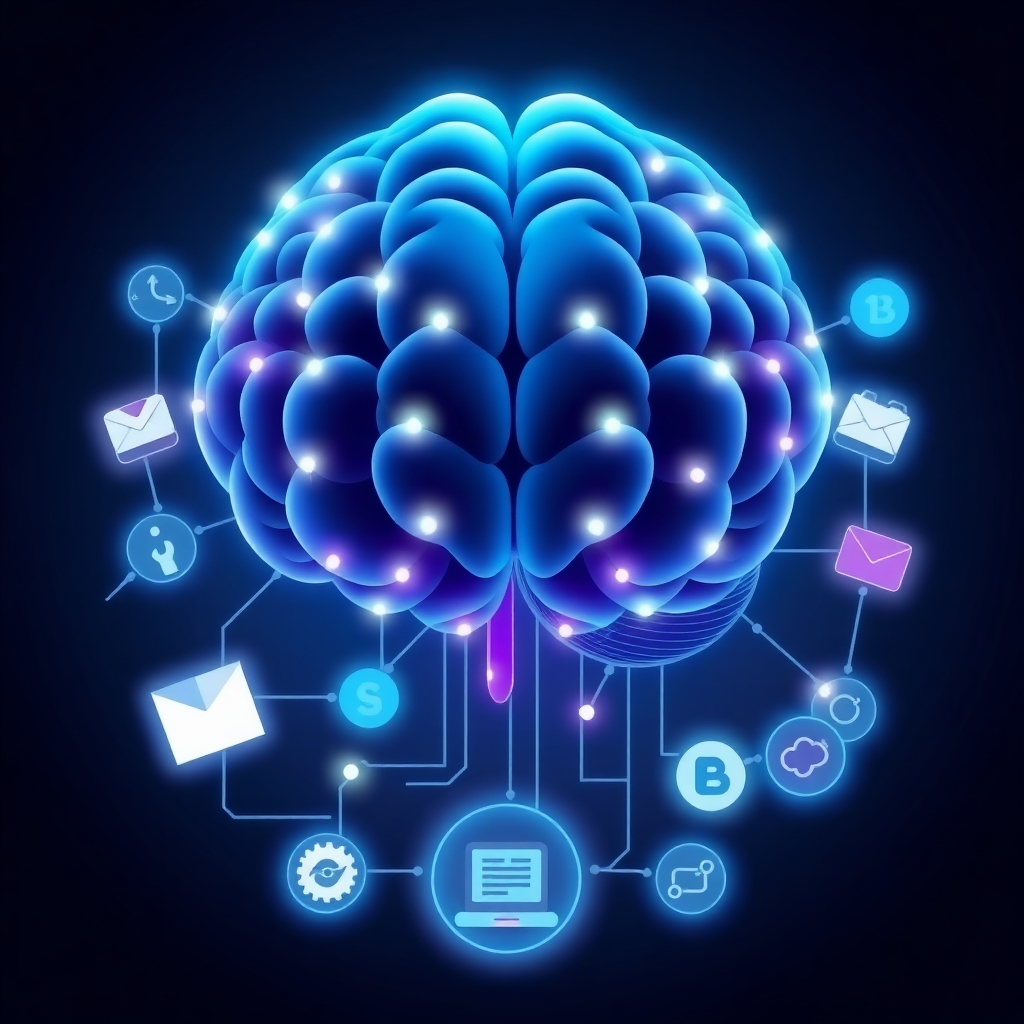 A stylized image depicting an AI brain seamlessly integrating with various advertising platforms. The AI brain is represented as a glowing, interconnected network of nodes, symbolizing intelligent automation. The advertising platforms are represented by stylized icons of social media, search engines, and other digital channels. The overall composition is clean and modern, with a focus on conveying efficiency and seamless integration. Use a vibrant color palette with blues, greens, and purples to evoke a sense of innovation and technology. The camera angle is a top-down view, showcasing the interconnectedness of the AI brain and the advertising platforms. Technical specs: 4K resolution, high quality.