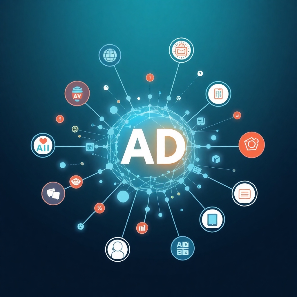 A stylized image of an AI algorithm automatically generating ad campaigns based on user inputs. The AI algorithm is represented by a complex network of nodes and connections, symbolizing its intelligence and processing power. The user inputs are represented by stylized icons of target demographics, interests, and keywords. The overall composition is dynamic and futuristic, with a focus on automation and efficiency. The camera angle is a top-down view, showcasing the entire process. Technical specs: 4K resolution, high quality.
