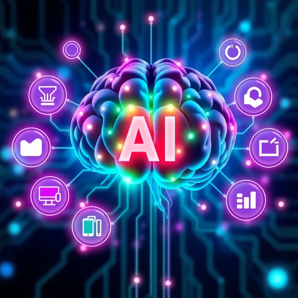 A stylized image of an AI brain controlling various advertising platforms. The brain is depicted with glowing circuits and data streams, showcasing its intelligence and connectivity. The platforms are represented by abstract icons, each representing a different advertising channel. The composition is dynamic and futuristic, conveying the power of AI automation. Use a vibrant color palette with blues, greens, and purples to create a sense of innovation and technology. The lighting is dramatic and emphasizes the AI brain as the central element. Technical specs: 4K resolution, high quality.