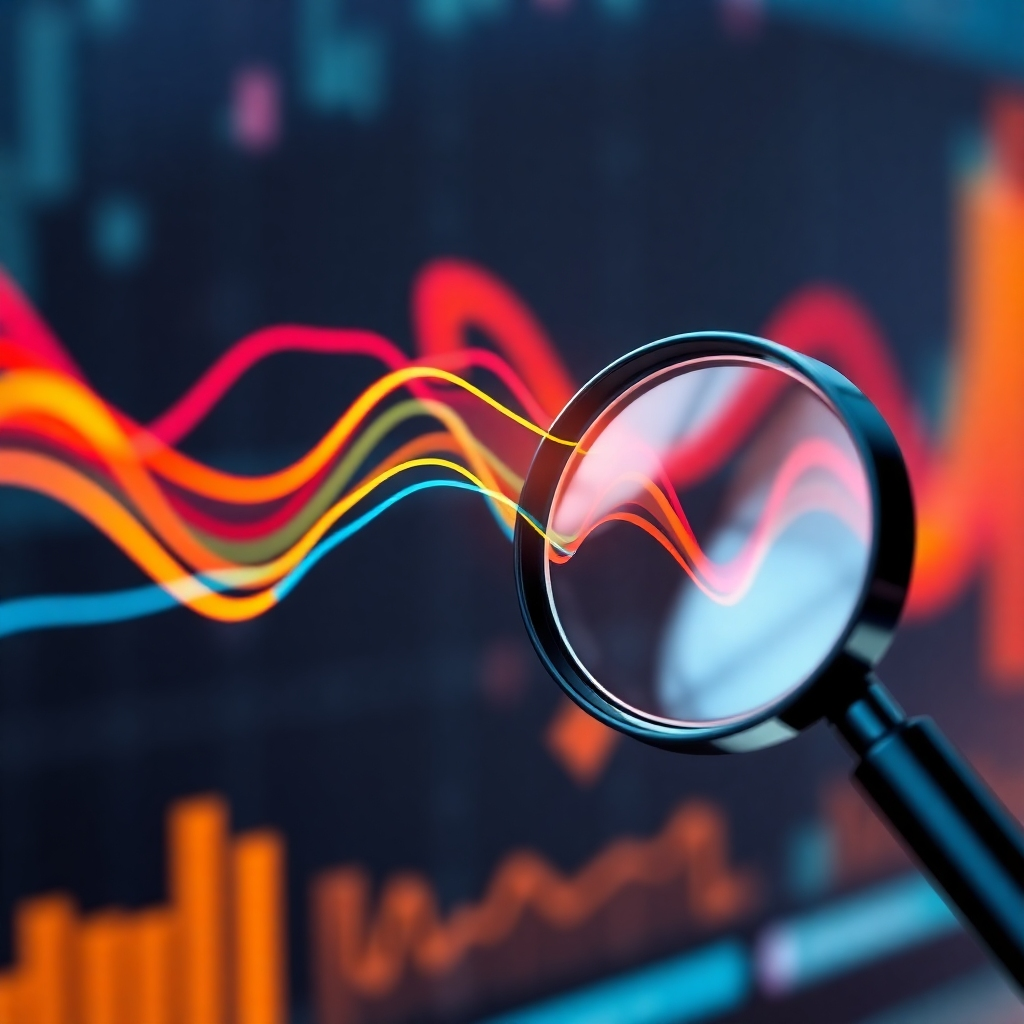 A stylized image representing data streams flowing into a magnifying glass, symbolizing the analysis and optimization of ad campaign data. The data streams are represented by colorful lines and shapes, creating a dynamic and visually appealing composition. The magnifying glass is clean and modern, with a focus on clarity and precision. The overall color palette is vibrant and energetic, evoking a sense of progress and improvement. The camera angle is a close-up shot of the magnifying glass and the data streams, highlighting the process of analysis and optimization. Technical specs: 4K resolution, high quality.