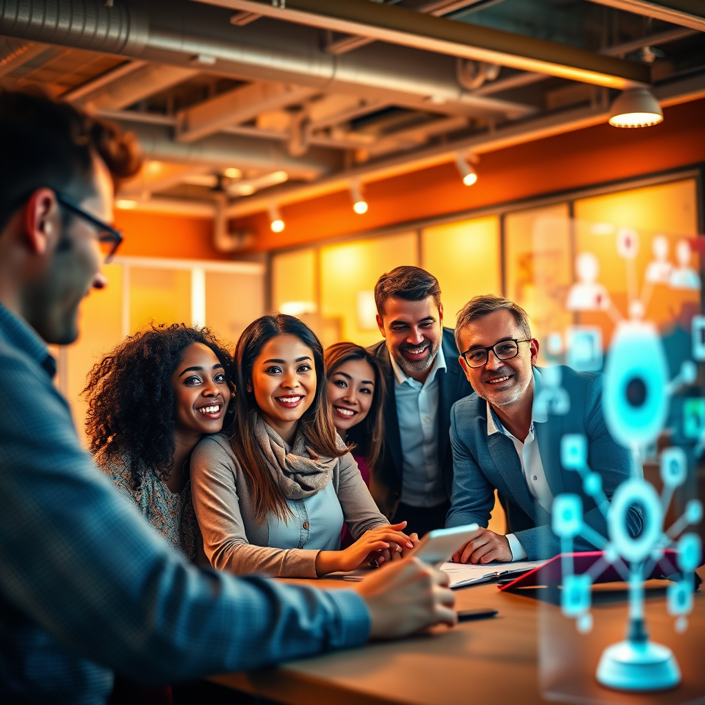 A stylized image showcasing a diverse group of marketing professionals collaborating at a modern workspace, surrounded by interactive technology and inspiring visuals about AI and digital marketing. The lighting is warm and inviting, with a focus on the vibrant colors of the workspace environment. The camera angle is slightly zoomed in to highlight the expressions of teamwork and creativity among the group. Textures are rich and convey a sense of innovation, with digital marketing elements subtly integrated into the background. Style references could include corporate creativity and collaboration scenes. Technical specs: 4K resolution, high quality.