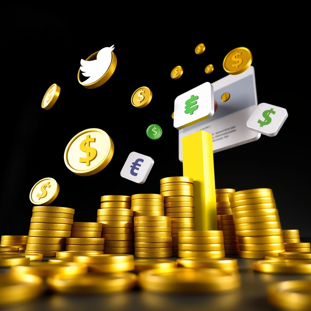 A stylized image showing coins and currency symbols flowing upwards into a social media feed, symbolizing return on investment (ROI). The background is a dark, sophisticated setting. The color palette is predominantly gold and green. Camera angle: low-angle shot. This image should create a sense of financial growth through social media.
