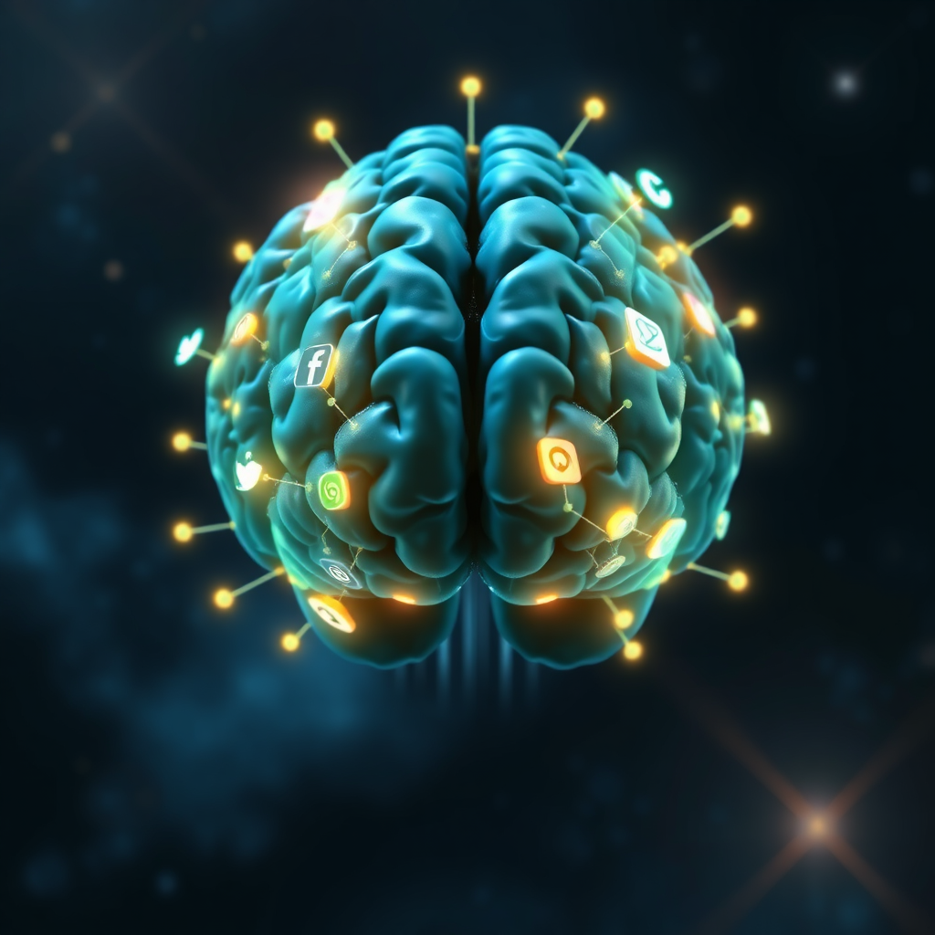 A stylized representation of an AI brain, with glowing neural networks firing and connecting to various social media platforms. The brain is depicted as a complex, interconnected structure with data flowing through it. The background is a dark, abstract space with subtle light flares. The color palette is primarily blues and greens, with highlights of gold and white. Camera angle: straight on, focusing on the center of the brain. The image should convey intelligence and data analysis.