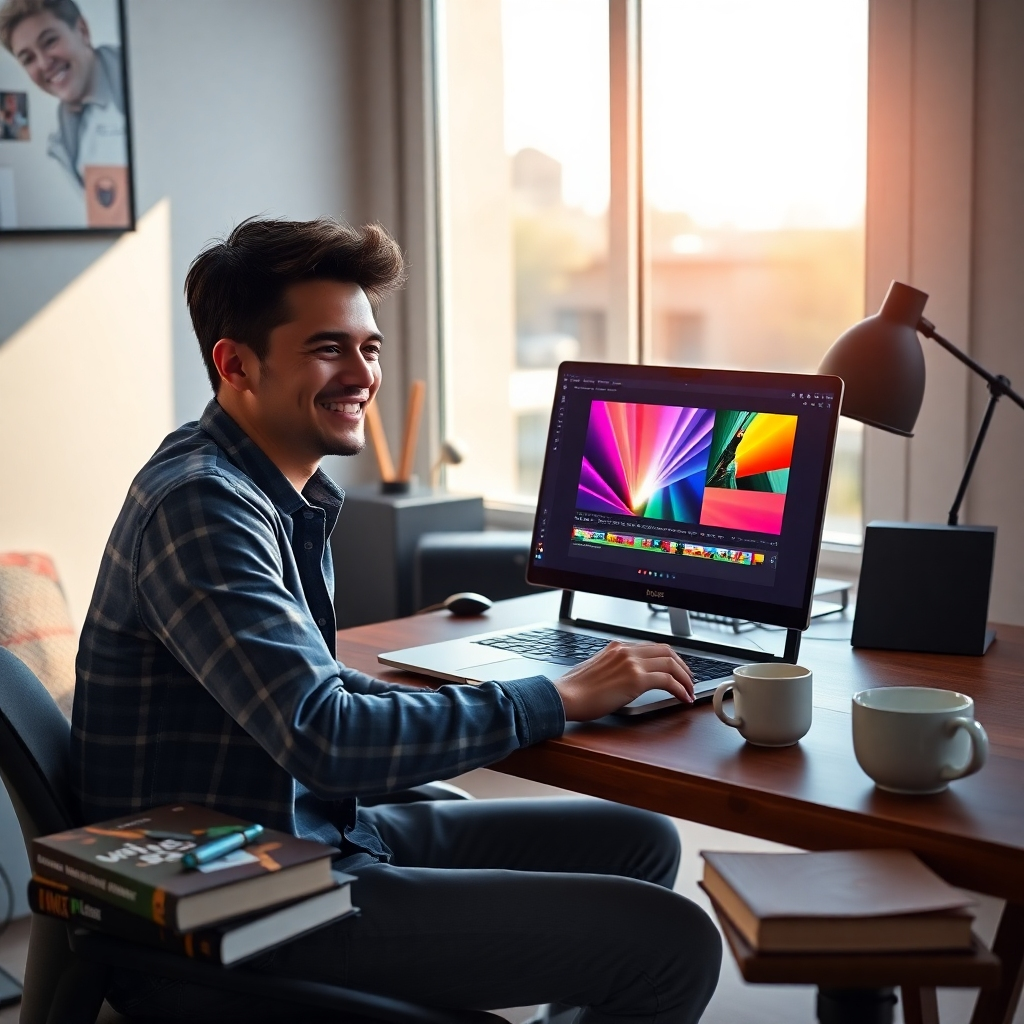A user sitting at a modern desk, smiling while working on a laptop with an intuitive, colorful video editing interface displayed on the screen. Surrounding the desk are books about video creation, a coffee cup, and a window showing a bright and cheerful day outside.