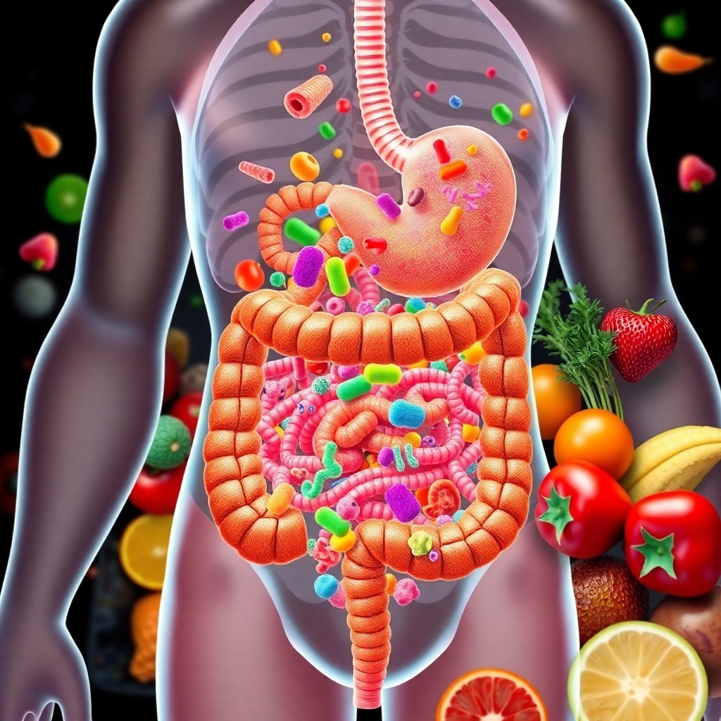 A vibrant and healthy human digestive system illustration, highlighting the gut and intestines filled with diverse, colorful probiotic bacteria, surrounded by fresh fruits and vegetables, symbolizing balance and harmony in gut health.