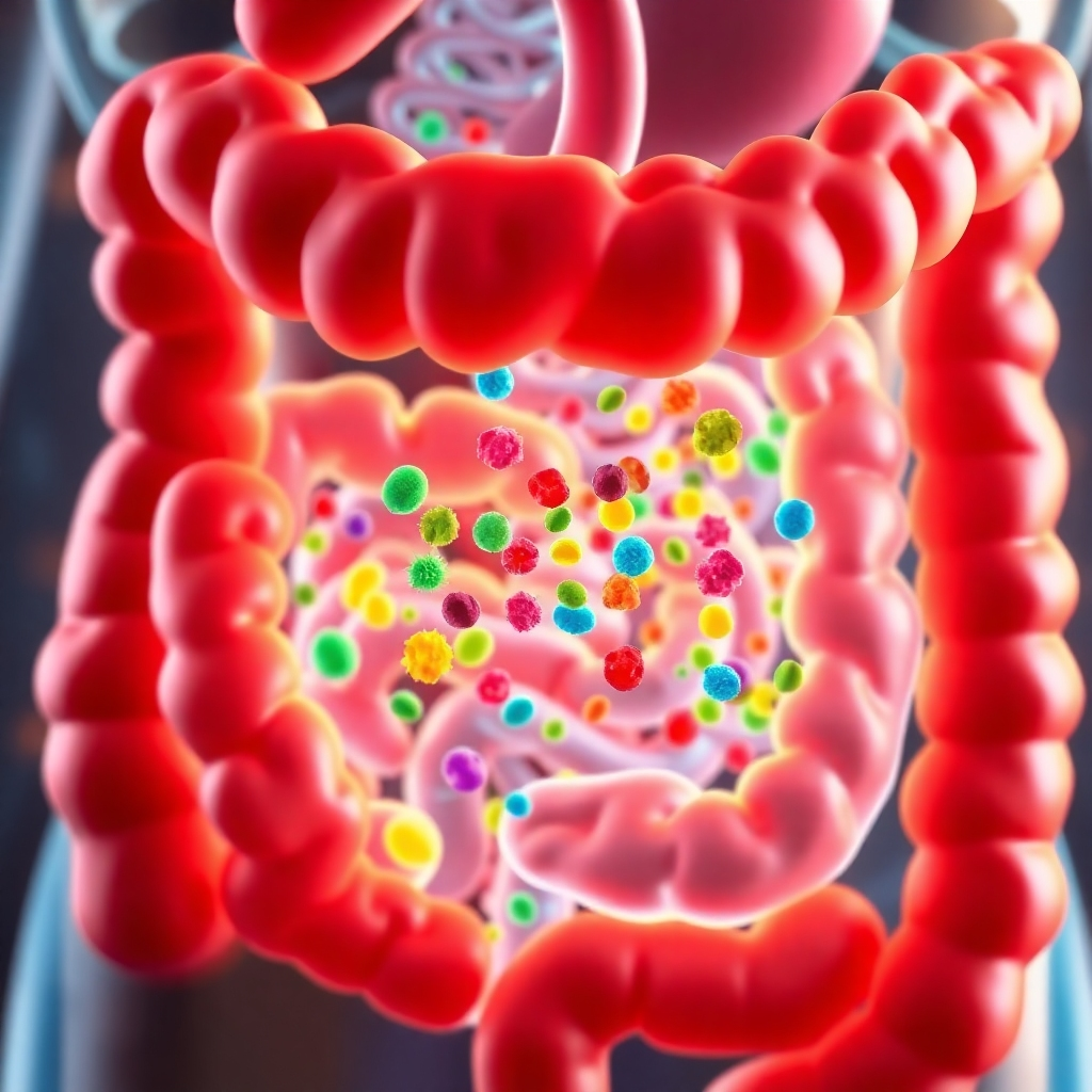 A vibrant, close-up image of a healthy digestive system with highlighted intestines and colorful bacteria illustrated in a friendly manner. Include elements like fruits, vegetables, and yogurt to symbolize natural food sources supporting gut health.