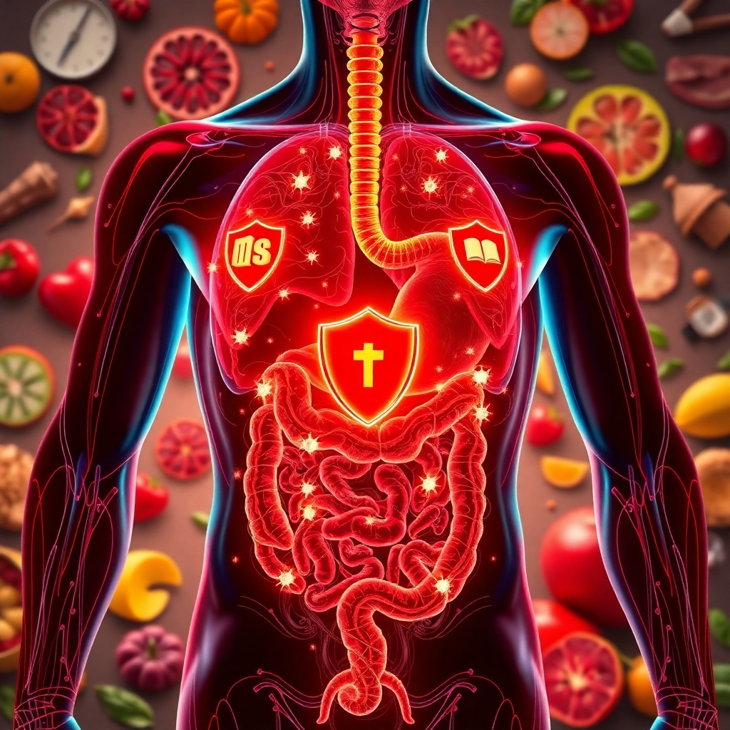 A vibrant image of the human body with a focus on the gut and immune system, depicting shields and symbols of protection around the gut area, set against a backdrop of healthy lifestyle elements like nutrition and exercise.