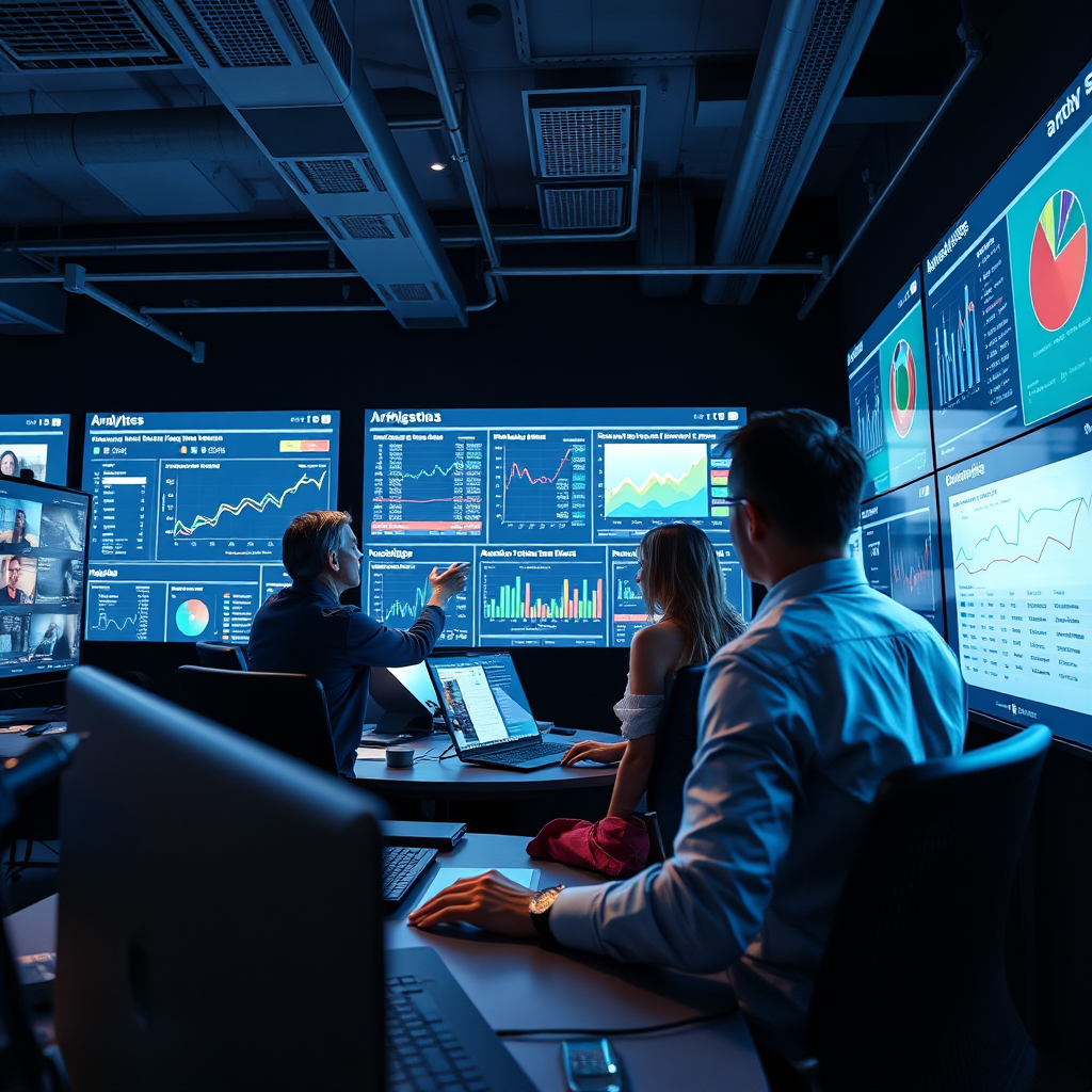 A vibrant, photorealistic image of marketing professionals engaging with detailed analytics dashboards, emphasizing audience demographics and behaviors. Bright screens glow in a darkened room, reflecting a focus on data-driven decisions. The environment is bustling yet organized, showcasing high-tech offices indicative of professionalism.