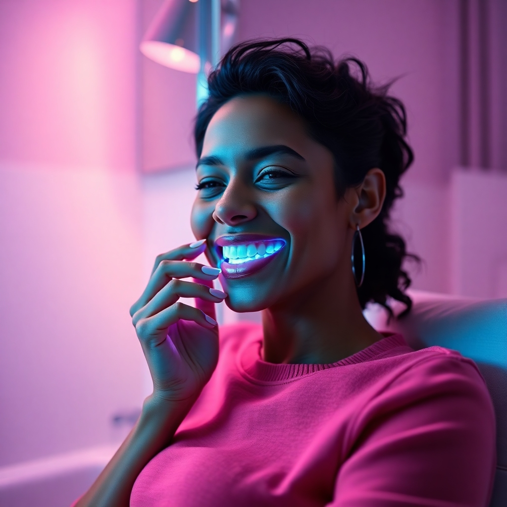 A vibrant, photorealistic image of a person comfortably using the NuBeam whitening kit at home, wearing the mouth tray with the LED light activated, sitting in a cozy, well-lit bathroom, exuding a sense of relaxation and confidence.