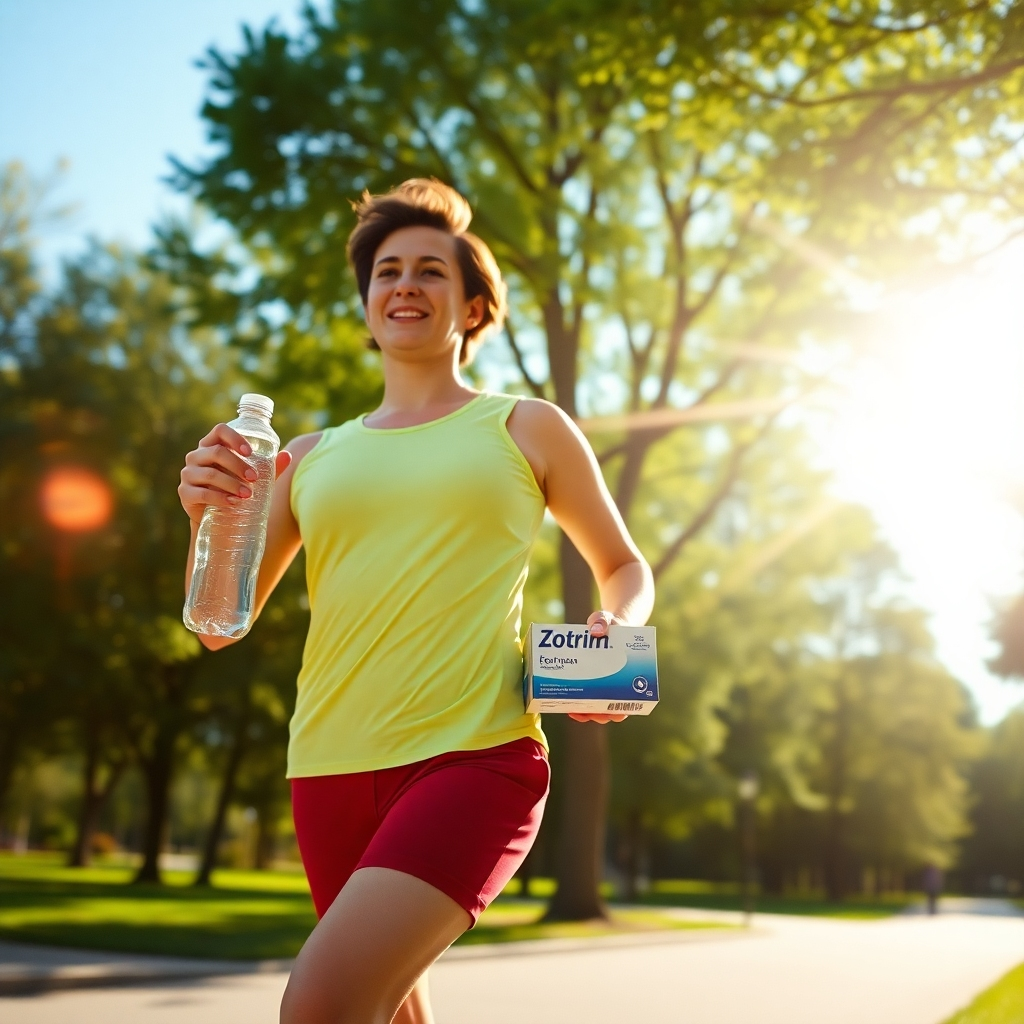  A vibrant scene depicting an energetic person jogging in a sunny park, holding a water bottle in one hand and a Zotrim box in the other. The background is filled with green trees and a clear blue sky, radiating vitality.