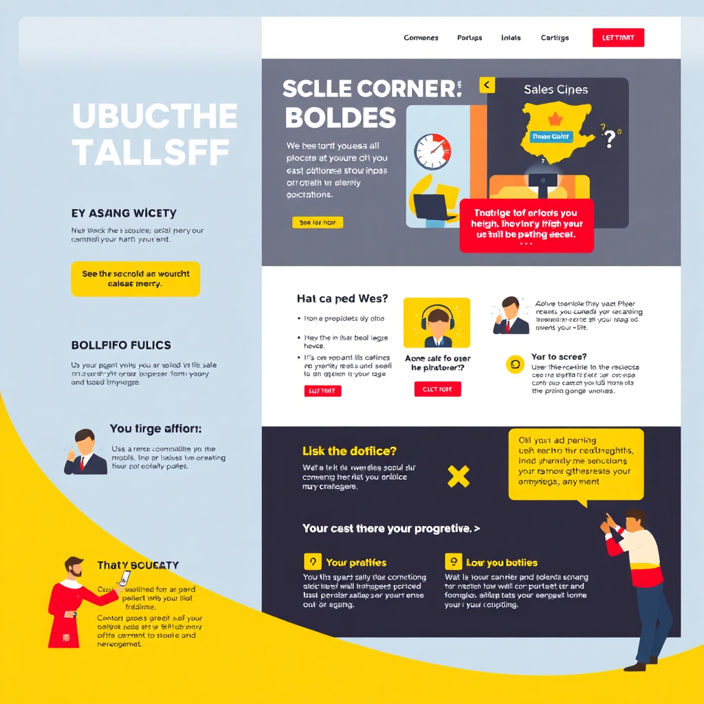 A visually striking graphic that illustrates a high-converting sales page layout, adorned with engaging visuals, calls-to-action, and user testimonials. The color scheme is vibrant, incorporating reds and yellows to invoke urgency. The composition focuses on the elements of effective design, showcasing interactions like scrolling and clicking. Style references might include modern web design trends.