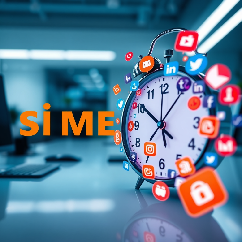 A visually striking representation of a clock dissolving into social media icons, symbolizing time saved through automation with BuzzAgentsAI. The background is a clean, modern workspace. The lighting highlights the dissolving clock and emerging icons. The color palette is a mix of cool blues and vibrant oranges. Camera angle: close-up and dynamic. The image should convey efficiency and increased productivity.