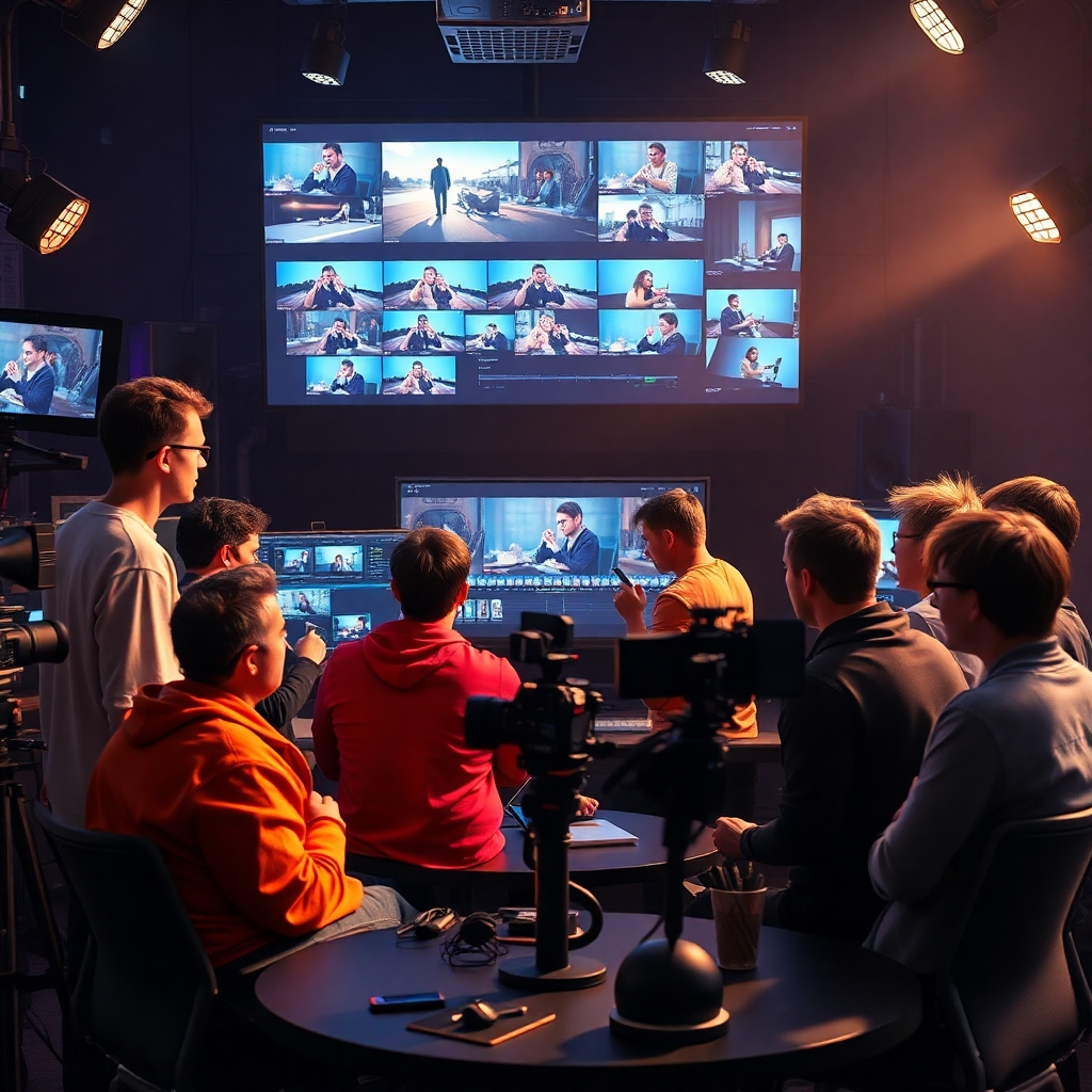 A visually striking video production scene, showing a diverse group of individuals working around a large screen displaying high-definition video clips, surrounded by cameras, editing software, and sound equipment, highlighting a dynamic collaborative environment.
