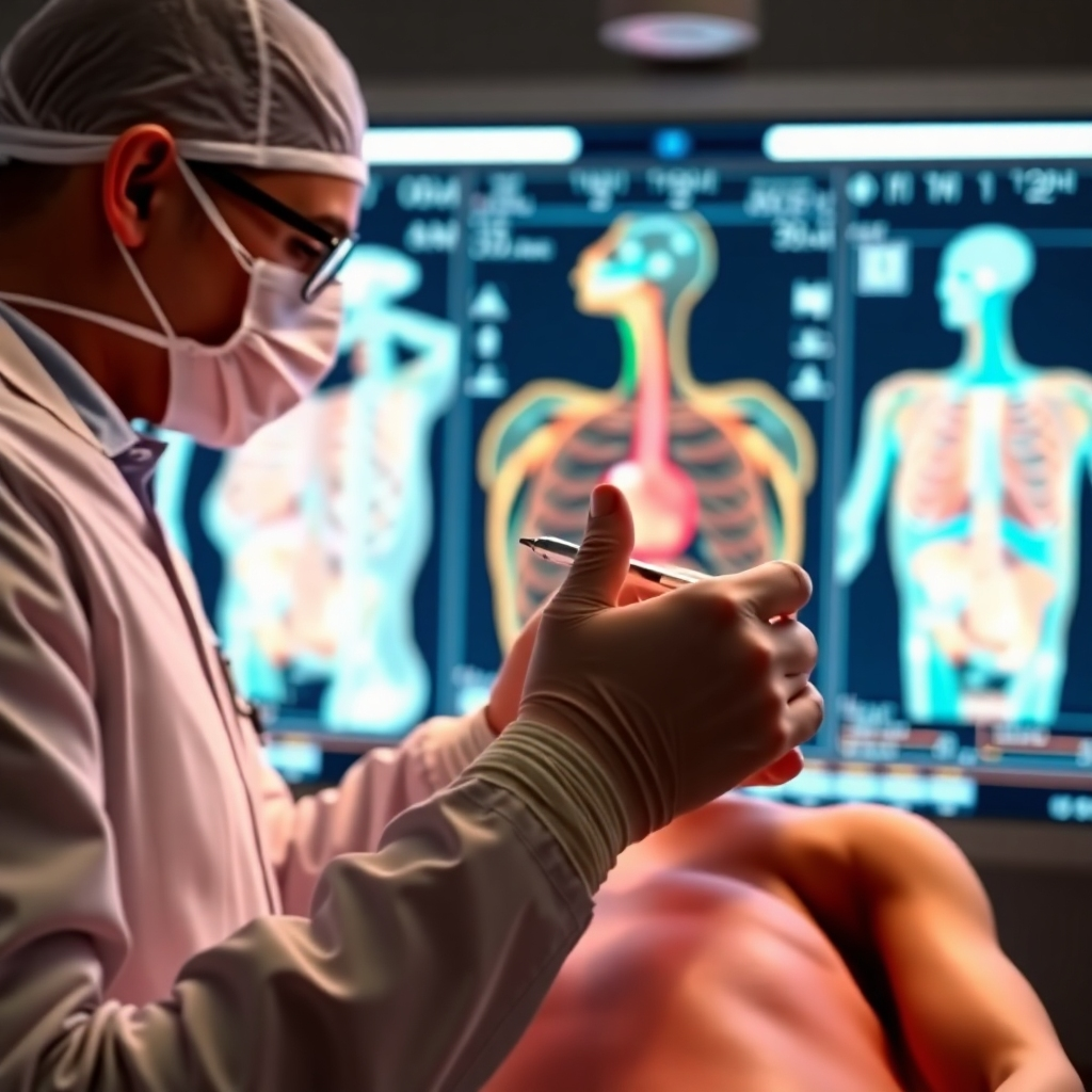 A vivid, photorealistic image of an interventional radiology procedure in progress, showing a doctor using imaging guidance to perform a catheter placement. The focus should be on the doctor, patient, and the high-tech imaging display in the background.