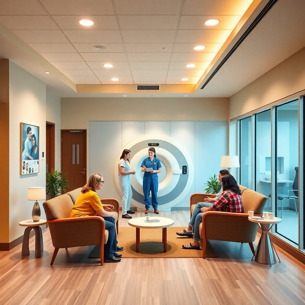 A warm and inviting reception area of a diagnostic scan center where staff members are interacting with patients. The scene should highlight friendly communication, soothing colors, and comfortable seating, reflecting a patient-centric environment aimed at reducing anxiety.
