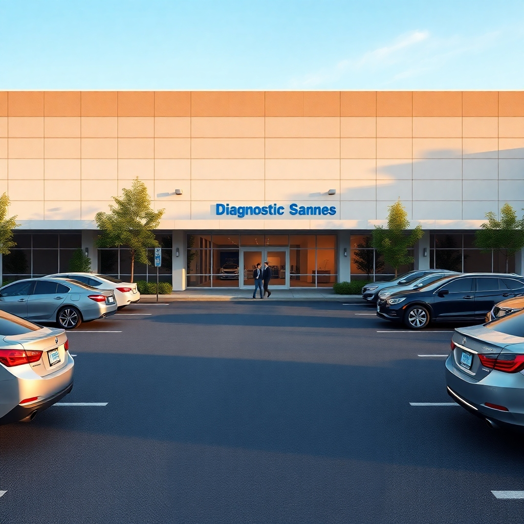 A well-designed parking lot adjacent to a modern diagnostic scan center. The lot is neatly organized, with several cars parked. Signage indicates 'Patient Parking', and a few individuals are seen walking towards the entrance, emphasizing convenience.