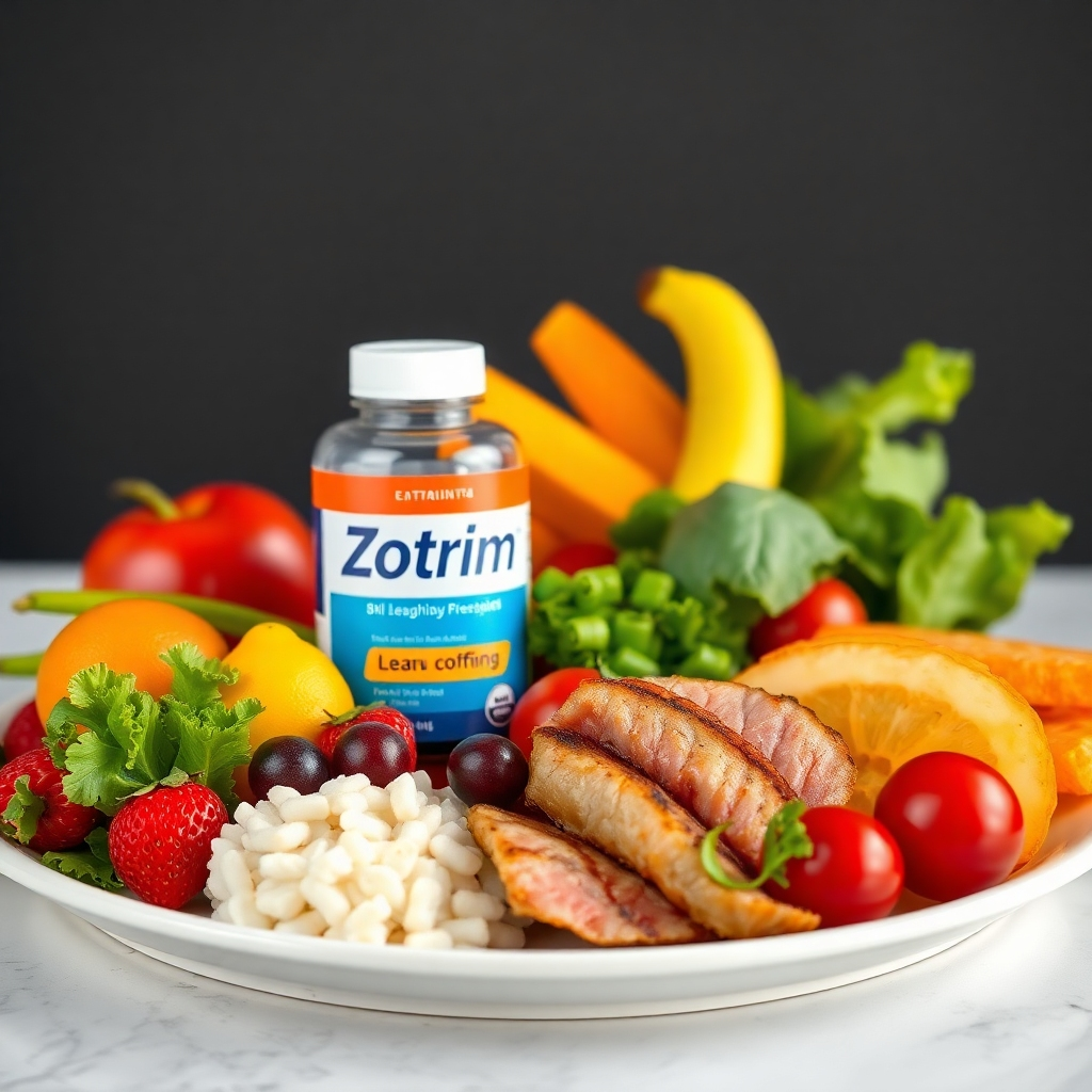  An aesthetically arranged plate with a variety of colorful fruits, vegetables, and lean proteins, alongside a bottle of Zotrim. The scene should represent a healthy meal, highlighting the importance of a balanced diet during weight loss.