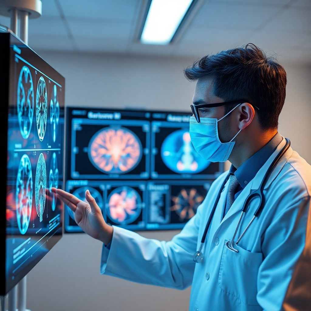An AI interface displaying diagnostic imaging data with neural network patterns overlaid on images. Showcase a collaborative scene with a radiologist analyzing these advanced imaging results while AI algorithms visually interact with the data, symbolizing innovation in diagnostics.