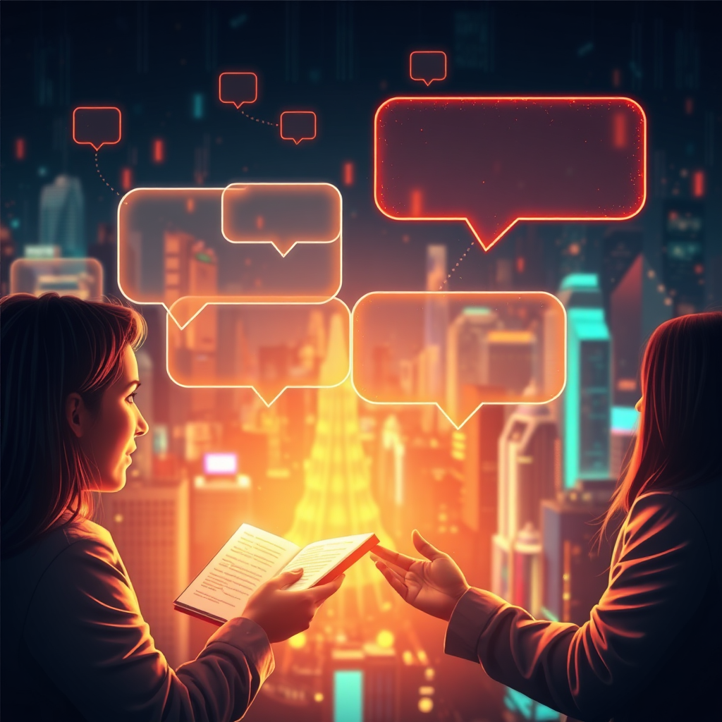 An artistic representation of a captivating story being shared between a brand and its consumers, visualized through interactive digital dialogue bubbles. Warm lighting illuminates the shared experience, with a backdrop of a digital cityscape that represents connectivity. The textures are lively and engaging, embodying the essence of interaction and engagement in storytelling.