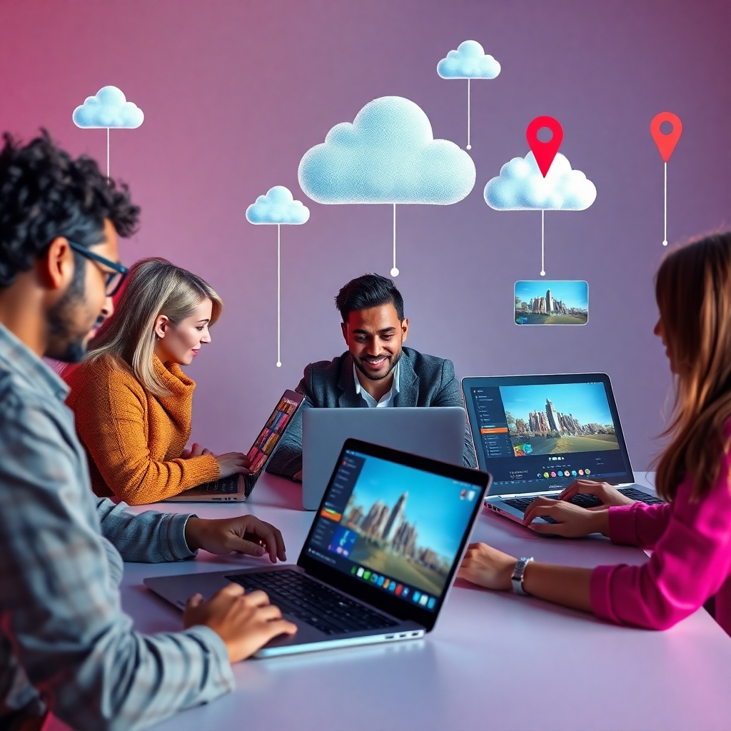 An artistic representation of diverse individuals working on video projects from different locations on laptops and tablets, connected by cloud symbols. Include elements like location imagery, digital collaboration tools, and vibrant creativity expressed through colorful graphics.