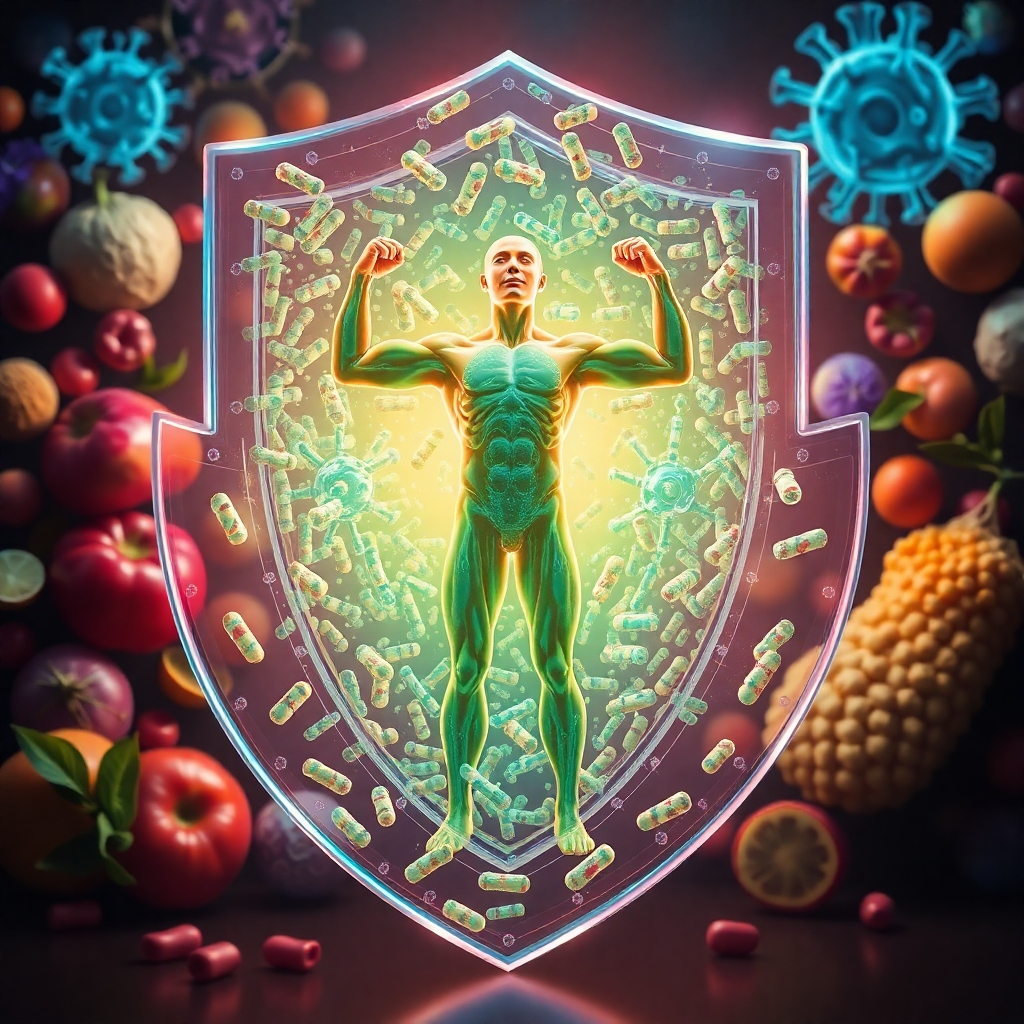 An artistic visualization of a protective shield made of healthy probiotic cultures, surrounding a vibrant human figure in a dynamic pose, suggesting strength and vitality. Background elements include symbols of health like fruits, vegetables, and immune cells.