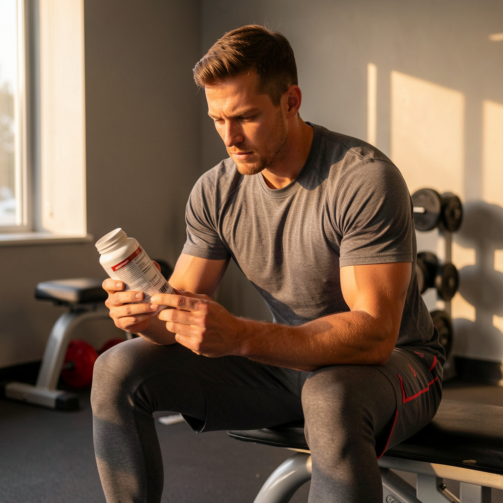 Athlete carefully reviewing a supplement label
