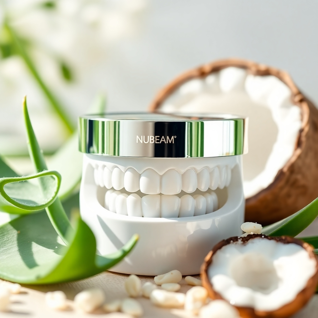 An elegant close-up of the NuBeam teeth whitening kit, surrounded by natural ingredients like aloe vera and coconut oil. The background should be bright and fresh, symbolizing safety and gentleness.