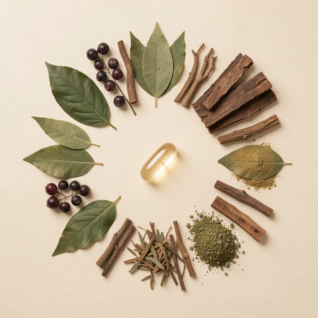 Botanical ingredients arranged around a liquid gel capsule