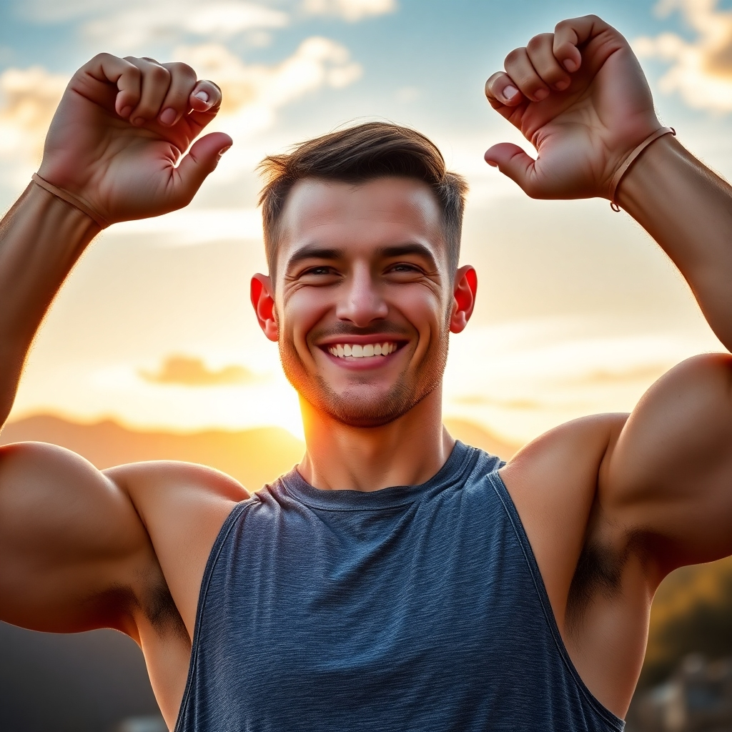 An empowered male athlete with a confident posture, smiling after completing a challenging workout. The background depicts a motivating outdoor landscape, such as mountains or a sunrise, symbolizing strength, achievement, and self-assurance.
