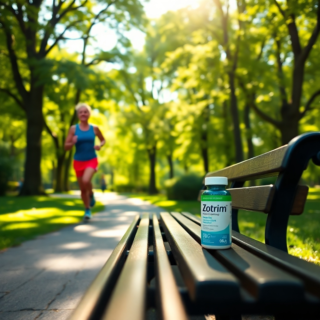 An energetic person jogging in a lush park, with a Zotrim bottle placed on a nearby bench. The background should display vibrant greenery and sunlight filtering through trees, symbolizing vitality and health.